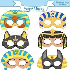 egyptian masks with different colors and designs on the front, one is black, one is blue