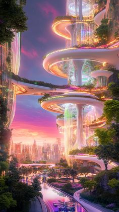 the futuristic city is surrounded by tall buildings and lots of trees, with lights on them