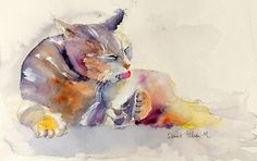 a watercolor painting of a cat laying on the ground with its paw in it's mouth