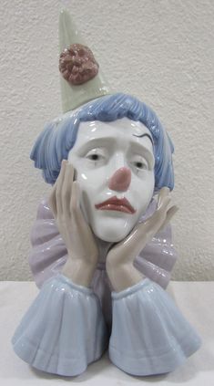 a ceramic statue of a clown with a hat on top of it's head