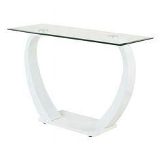 a glass and white console table with an acrylic top on the bottom shelf