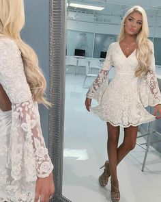 ivory v-neck a-line lace homecoming dress with bell sleeves hd3179 Cocktail Dress With Cowboy Boots, Lace Beading, Dress With Bell Sleeves, Cheap Homecoming Dresses, Casual Chique, Short Party Dress, Short Homecoming Dress, Lace Homecoming Dresses, Short Prom Dress