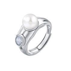 Personality Zircon and Pearl Ring Elegant 925 Stamped Pearl Promise Ring, Elegant White Crystal Ring Stamped 925, Pearl Types, Pearl Color, Pearl Size, White Ring, Baroque Pearls, Pearl Ring, Cultured Pearls