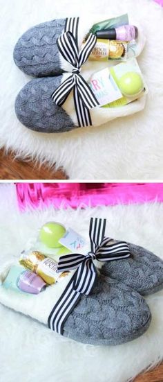 two pictures of slippers with soaps and toothbrushes on them