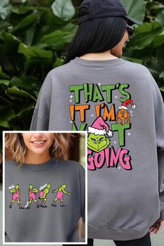 Make a humorous statement this festive season with this 'That's It, I'm Not Going' Grinch Christmas unisex fleece sweatshirt. This cozy sweatshirt captures the holiday mood for those who prefer to keep things low-key. Featuring the beloved Grinch character in bold colors, this design is perfect for holiday enthusiasts with a side of sass. The 50% cotton and 50% polyester fabric blend ensures a comfortable and warm fit, suitable for all genders. Crafted with care in Nicaragua, the high-quality gr Christmas Letter Print Sweatshirt In Relaxed Fit, Funny Winter Sweatshirt With Letter Print, Casual Fleece Sweatshirt With Character Print, Christmas Sweatshirt With Letter Print In Relaxed Fit, Christmas Sweatshirt With Letter Print, Christmas Sweatshirt With Letter Print And Relaxed Fit, Funny Graphic Print Sweatshirt For Winter, Casual Fleece Sweatshirt With Cartoon Print, Funny Print Sweatshirt For Winter