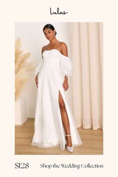 a woman in a white dress with the words shop the wedding collection