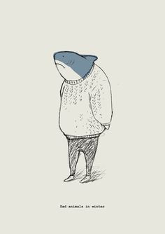 a drawing of a person with a shark on their back, wearing a sweater and hat