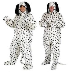 two people in dalmatian costumes standing next to each other, one wearing a dog costume