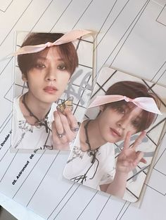 two photos of the same person on a piece of paper with pink ribbon around their head