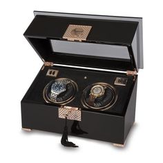 Rapport London Black Wood and Rose Gold Dual Watch Winder - Allurez.com Black Piano, Watch Winders, Double Black, Luxury Business Cards, Men's Watches Luxury, Snow Fashion, Master Piece, Watch Winder, Black Card