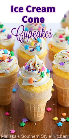 ice cream cone cupcakes with white frosting and sprinkles on top