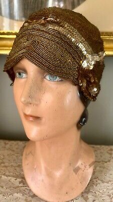 RARE VINTAGE 1920's GOLD BEADED & SEQUIN CLOCHE HAT | eBay Beaded Edge, No Label, Cloche Hat, Head Wrap, Metallic Thread, Sheer Fabrics, Gold Beads, Head Wraps, Sequin