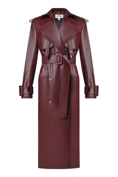 Eco leather fitted trench coat. Double breasted. Stitched. Functional pockets. Comes with a belt. Belted sleeves and shoulders. Slitted back. Decoration neck belt. Lined. Color: burgundy. Shell: 100% Polyester with PU coating Lining: 100% Polyester Made in Georgia Burgundy Leather Trench Coat, Burgundy Leather Coat, Styling Coats, Fitted Trench Coat, Burgundy Outfits, Burgundy Trench Coat, Burgundy Coat, Asymmetrical Coat, Cold Fashion