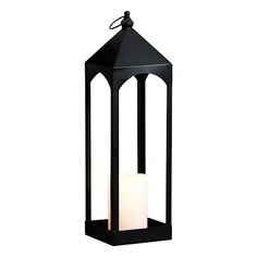 a black lantern with a white candle in it's center and one light on the side