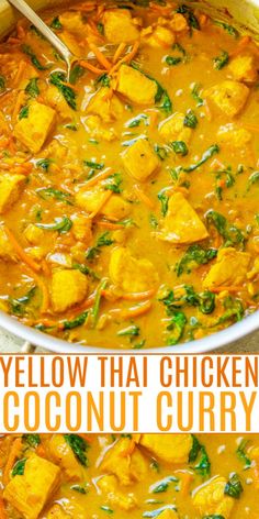 yellow thai chicken coconut curry in a white bowl