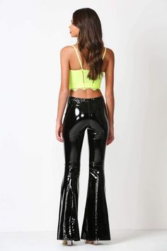 Latex Black Faux Leather Flare Bell Bottom Pants – Bella Valentina Edgy Flare Pants For Party, Black Flare Leather Pants For Fall, Trendy Flares For Night Out In Fall, Fitted Flare Leather Pants For Party, High Waist Black Flares For Party, High Waist Black Party Flares, Black High-waist Party Flares, Trendy Party Flares For Fall, Fitted Faux Leather Flare Bottoms