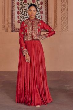 Brick red crop jacket with all over Mughal jaal pattern, contrast resham threads, zari, beads and sequin embroidery. Paired with intricate pleated flared anarkali. - Aza Fashions Red Anarkali Set With Dori Work And Long Sleeves, Red Long Sleeve Anarkali Set With Dori Work, Red Anarkali Choli With Long Sleeves, Red Long Sleeve Choli With Dabka Work, Mughal Jaal, Red Crop Jacket, Flared Anarkali, Mandarin Collar Jacket, Sequin Embroidery