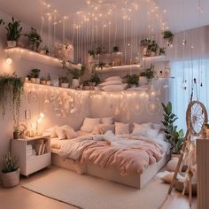 a bedroom with lots of plants and lights