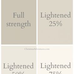 four different shades of gray and white with the words, full strength, lightened, 75