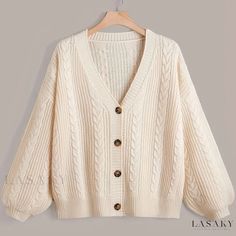 Lasaky - Womens Plus Size Casual Cable Button Up Lantern Sleeve Cardigan - Solid Color Knit Cardigans For Women, Clothes Sweaters & Cardigans, Cardigans Aesthetic, Womens Cardigans, Beige Clothes, Shein Cardigan, Rust Cardigan, Simple Cardigan, Celana Kargo