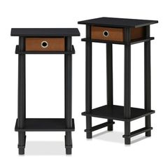 two black and brown tables with drawers