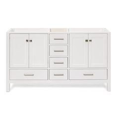 a white bathroom vanity with drawers and cabinets