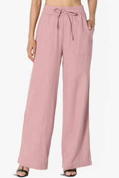 Swisher Drawstring Linen Pants Pink Wide Leg Pants For Beach, Casual Pink Wide Leg Pants For Beach, Ankle-length Wide Leg Pants With Drawstring For Vacation, Relaxed Fit Beach Pants With Side Pockets, Comfortable Solid Color Beach Pants, Relaxed Fit Vacation Pants With Side Pockets, Comfortable Solid Color Pants For Beach, Solid Wide Leg Beach Pants With Drawstring, Beach Pants With Side Pockets And Relaxed Fit