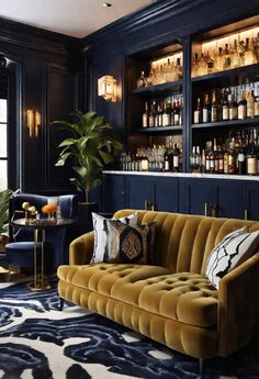 a living room filled with furniture and lots of bottles on the shelves above it's bar