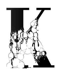 the letter k is made up of bubbles and water droplets in black and white colors