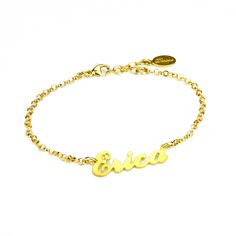 Create your own bracelet with your name in your favorite font style and metal. You'll love the quality of this custom cut nameplate from 925 sterling silver. We design these entirely in house, cut, tumble, and polish with the additional option of plating the nameplate with 18k yellow gold. Assembled with a beautiful rolo style chain that's meant for everyday wear. Size of nameplate may vary depending on name and font style. In general, most names are kept at a maximum height of 17mm. METAL GOLD. Personalized Yellow Gold Nameplate Bracelet, Customizable Yellow Gold Nameplate Bracelet, Custom Name Stainless Steel Bracelet, Classic Nameplate Bracelet With Custom Name, Personalized Nameplate Bracelet Gift, Personalized Nameplate Bracelet, Personalized Engraved Nameplate Charm Bracelet, Personalized Adjustable Name Bracelet, Personalized Adjustable Signature Name Bracelet