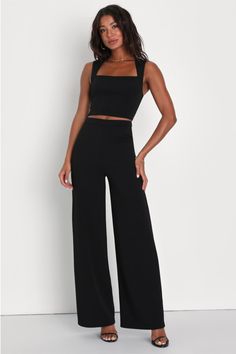 With a chic blazer, leather jacket, or coat, there's no end to how you could style the Lulus Enticing Endeavors Black Two-Piece Jumpsuit! This sleeveless jumpsuit is made from stretchy crepe knit with a square neckline and a princess-seamed seamed bodice. The matching bottoms feature a high, banded waist that tops classic, wide pant legs that fall to ankle-length hems. Hidden back zipper. Fit: This garment fits true to size. Length: Floor length. Size medium Inseam: 32.50 Front Rise: 12.25 Bust: Graduation Outfit Pants, Matching Pants And Top Set, Pants And Top Set, Pants And Top, Chic Blazer, Two Piece Jumpsuit, Black Two Piece, Lulu Fashion, Graduation Outfit