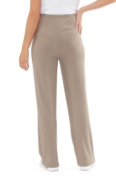 These ribbed pants cut in a straight-leg silhouette are so supersoft and stretchy that you'll want to wear them through your pregnancy and beyond. Pull-on style 78% polyester, 18% viscose, 4% elastane Machine wash, dry flat Imported Stretch Ribbed Wide Leg Pants Full Length, Full-length Solid Ribbed Pants, Full Length Solid Ribbed Pants, Solid Ribbed Full-length Pants, Solid Color Ribbed Full Length Pants, Ribbed Full-length Loungewear Bottoms, Full Length Ribbed Loungewear Bottoms, Full Length Ribbed Bottoms For Loungewear, Ribbed Full-length Bottoms For Loungewear