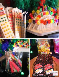 there are many candies and candy on display in this collage, including lollipops