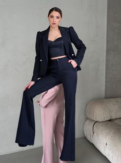 Fitted Solid Two-piece Bottoms, Solid Fitted Two-piece Bottoms, Solid Two-piece Fitted Bottoms, Fitted High-waist Workwear Sets, Fitted High-waist Sets For Workwear, Fitted Wide Leg Solid Color Sets, Fitted Two-piece Pants For Workwear, Fitted Solid Color Wide Leg Sets, High Waist Two-piece Bottoms For Workwear