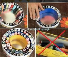 four pictures showing different ways to make an art project with crayons and markers