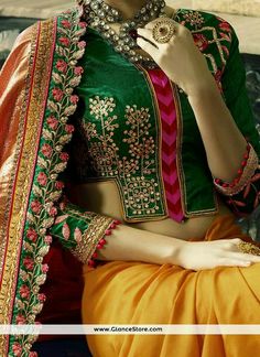 Green Saree Blouse Designs, Pink And Green Saree, Stylish Saree Blouse, Saree With Heavy Blouse, Green Blouse Designs, Heavy Blouse, Stylish Saree, Long Blouse Designs, Saree Blouse Neck Designs