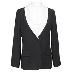 GUARANTEED AUTHENTIC ELIZABETH AND JAMES BLACK SHAWL COLLAR BLAZER Design: - Classic black blazer with a rich white collar. - Looks great paired with jeans or dressed up, very comfortable. - Shawl lapel, front center button closure. - Dual slit pockets, stitched closed. - Long sleeve, buttons at cuffs. - Lined. Fabric: 48% Polyester, 48% Viscose, 4% Elastane; 100% Polyester Lining Size: 4 Measurements (Approximate laid flat): - Shoulder to Shoulder: 15" - Underarm to Underarm: 17.5" - Sleeve Length: 24" - Total Length: 27" (tip of back neckline to bottom front tip of hem) To Our Customers: -We consider it a privilege to serve as your luxury fashion concierge. Whether you are looking to buy that special one-of-a-kind item, (that no one else can find), scoring a spectacular deal on a pre-own Blazer Design, Shawl Collar Blazer, Black Shawl, Azzedine Alaia, Blazer Designs, Elizabeth And James, Best Wear, Black Blazer, White Collar