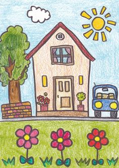 a child's drawing of a house with flowers and a car in the background