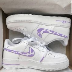 Sneakers Are Custom Made To Order. Takes A Maximum 6 Days To Ship Depending On Design. Message Me To Customize Your Sneakers Color Otherwise I Will Default To This Lilac Purple. These Sizes Are In Men’s. Check My Page For The Listing With Women’s Sizing. I Use High Grade Leather Paints And Finishers. So You Don’t Have To Worry About Chips Or Rain. They Are Waterproof. Check Out My Page For Other Available Designs. Nike Air Force 1 Purple, Purple Cow Print, Custom Nike Air Force 1, Custom Nike Air Force, Painted Nikes, Nike Shoes Air Force, Purple Cow, Dr Shoes, Nike Shoes Girls