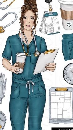 a woman in scrubs holding a clipboard next to various medical supplies and items