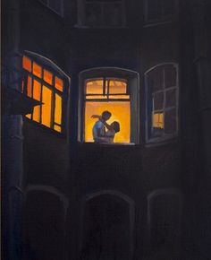 a painting of a man and woman kissing in front of an open window at night