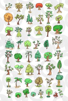 an image of trees with different colors and shapes on them, all in various sizes