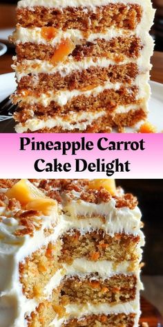 two pictures of a cake with white frosting and pineapple carrots on top