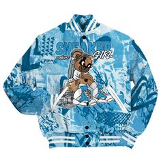 Brand Dunkare Powder Blue 9s Shirt - Sneaker Girl Bear Heart Grunge All Over Print Baseball Varsity Jacket Blue 4s, Blue 11s, Brick Art, Varsity Jacket Men, Baseball Varsity Jacket, Girls Sneakers, Powder Blue, Jacket Outfits, All Over Print