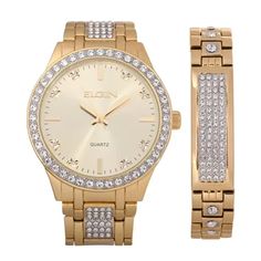 Elgin Adult Men's Analog Wristwatch and Bracelet Set in Gold Two-Tone with Crystals - FG160016GTST Dress yourself with style and class, by adding the Elgin men's watch and bracelet set to your collection of fine jewelry and accessories. This elegant combo dresses up casual outfits and completes a formal attire for plenty of special occasions. The watch runs on analog quartz and one alkaline battery that comes included in the set and is built to last for everyday wear. This men's watch and bracelet set is an excellent gift idea for graduations, milestones and many other special occasions. The matching adjustable bracelet defines elegance and style and complements your wear nicely. Built to be durable and classy, this exquisite special combo is a tasteful addition to almost any upscale casua Watch And Bracelet Set, Everyday Watch, Combo Dress, Black Tie Affair, Jewelry Clasps, Analog Watch, Jewelry And Accessories, Formal Attire, Watch Movement