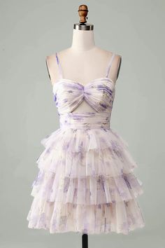 Amzcw Lavender Flower A-Line Spaghetti Straps Tiered Pleated Short Homecoming Dress Homecoming Dress Ruffle, Hoco Dresses Pattern, Hoco Dress Coquette, Non Traditional Homecoming Dresses, Fairy Tale Hoco Dress, Homecoming Dresses Flowers, Classy Hoco Dresses Short, Flowy Homecoming Dresses Short, Ruffle Homecoming Dresses