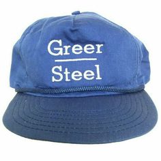 Vintage Greer Steel Cold Rolled Steel Hat Rope Spell Out Script Bar Logo Made In USA Strap Back Trucker Baseball Cap BUY IT NOW! Please feel free to ask any questions you have about this item, I am here to make sure you are happy with your purchase. #HAT28 Vintage Blue Snapback Hat With Flat Bill, Vintage Blue Snapback Hat For Streetwear, Vintage 5-panel Trucker Hat For Streetwear, Vintage Blue Trucker Hat, Vintage Adjustable Trucker Hat, Vintage Adjustable Baseball Cap, Vintage Snapback Hat For Streetwear, Vintage One Size Fits Most Baseball Cap, Vintage Baseball Cap, One Size Fits Most