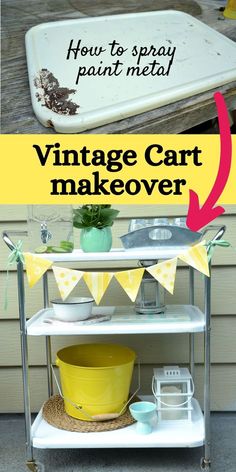 vintage metal cart styled as a drink station Vintage Metal Cabinet Makeover, How To Spray Paint Metal, Vintage Metal Cart Makeover, Best Spray Paint For Metal, Spray Paint Metal Patio Furniture, Metal Cabinet Makeover, Utensil Crafts, Spray Paint Metal