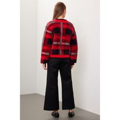 Red plaid knit (100% Polyester). Sweater. Long sleeves. Crewneck. Front button closure. 23.5" from shoulder to hemline. Imported. Polyester Sweater, Peter Pan Collar Shirt, Oversized Sweater Cardigan, Plaid Cardigan, English Factory, Rent The Runway, Closet Designs, Oversized Cardigan, Peter Pan Collar