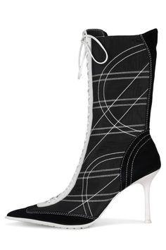 PEP-RALLY Gcds Boots, White Heeled Boots, Black And White Heels, Pep Rally, Platform Stilettos, Slouched Boots, Novelty Print, Mid Calf Boots, Leather Fabric